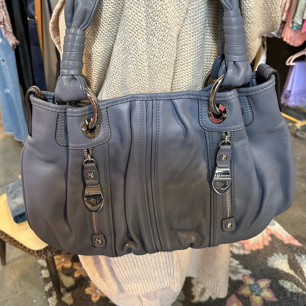 B. Makowsky Blue Leather Shoulder Bag with Slouchy Design